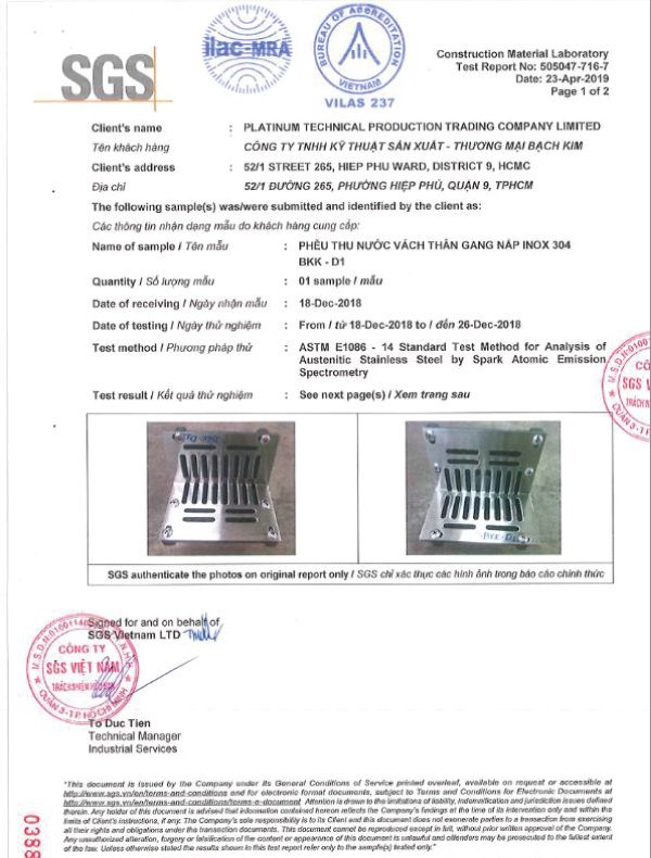  - Phễu Thoát Sàn Bạch Kim - Công Ty TNHH Kỹ Thuật SX TM Bạch Kim